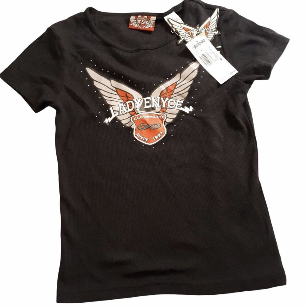 Lady Enyce Girls Black Short Sleeve‎ Graphic Top Size Small Cotton Blend Blouse